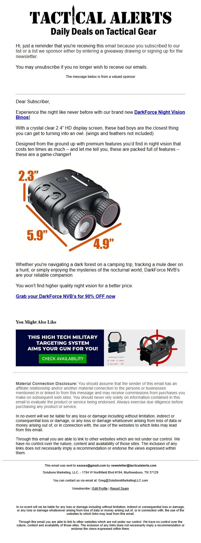 Screenshot of the email generated on import