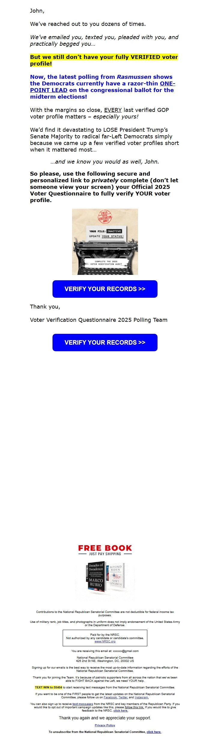 Screenshot of the email generated on import
