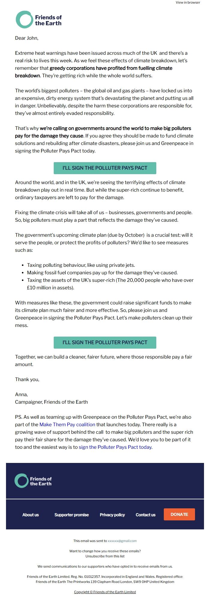 Screenshot of the email generated on import