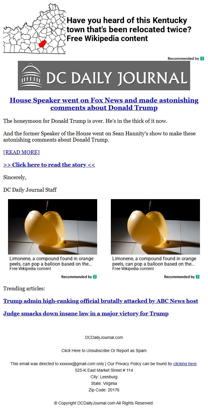 Screenshot of the email generated on import
