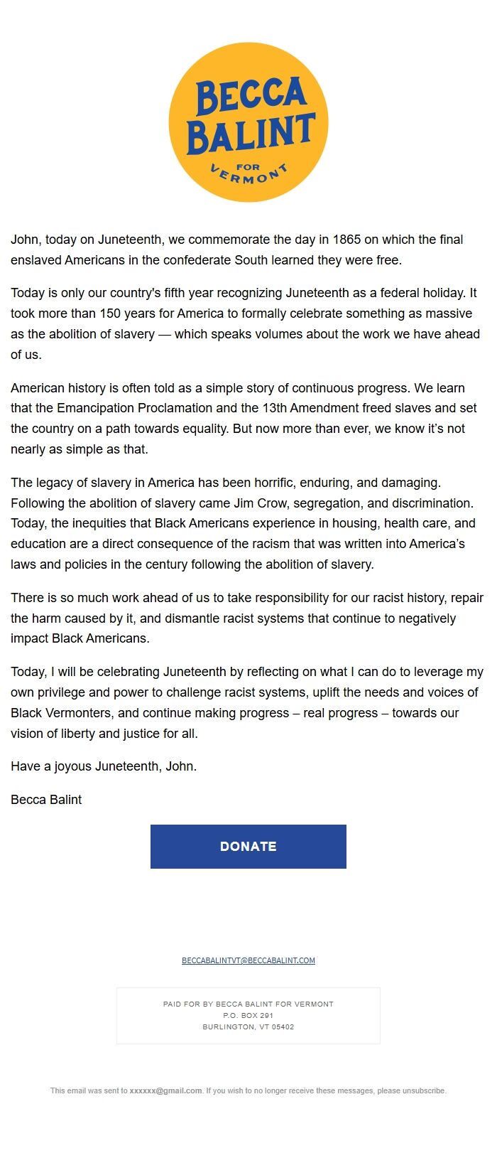 Screenshot of the email generated on import