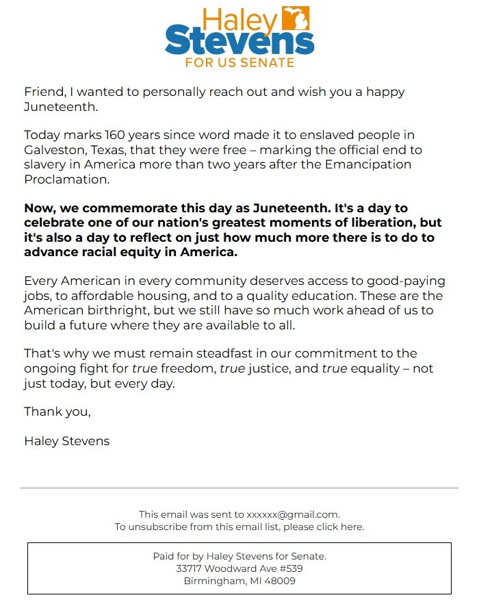 Screenshot of the email generated on import