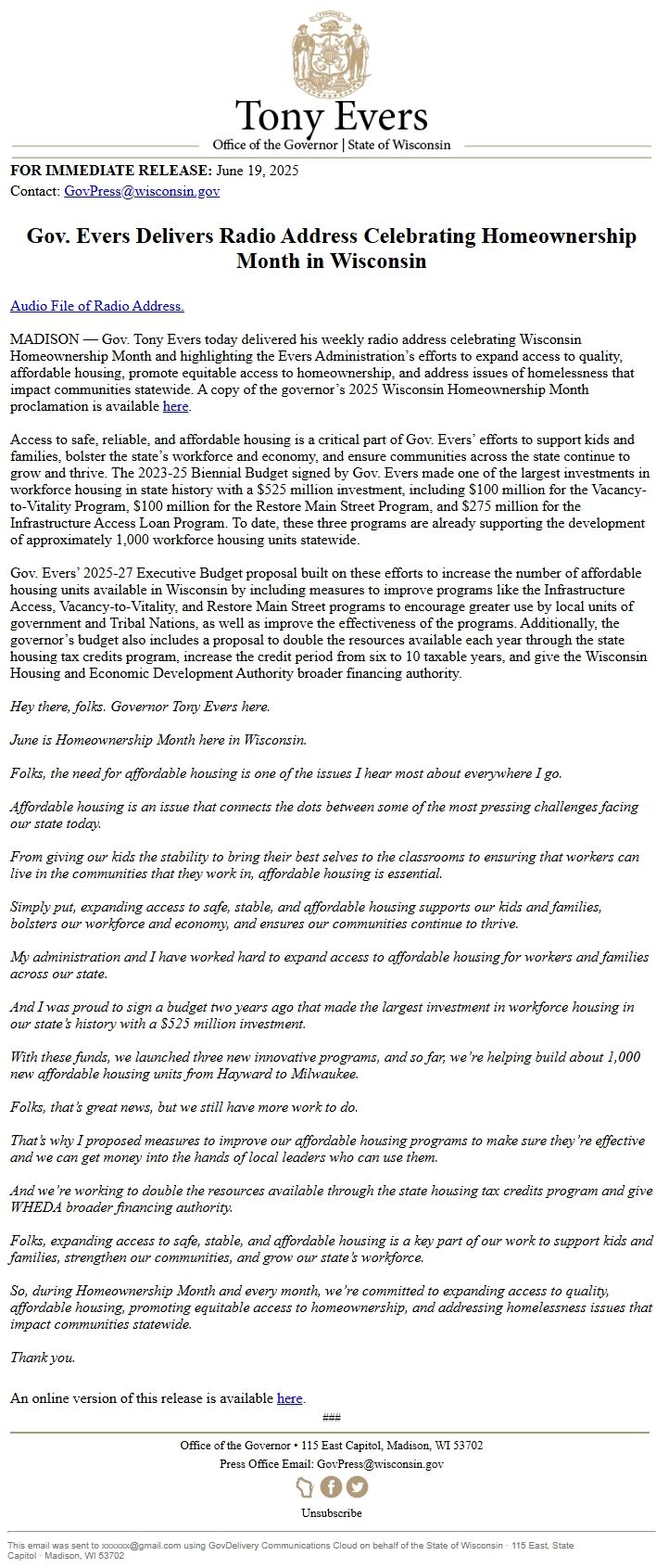 Screenshot of the email generated on import
