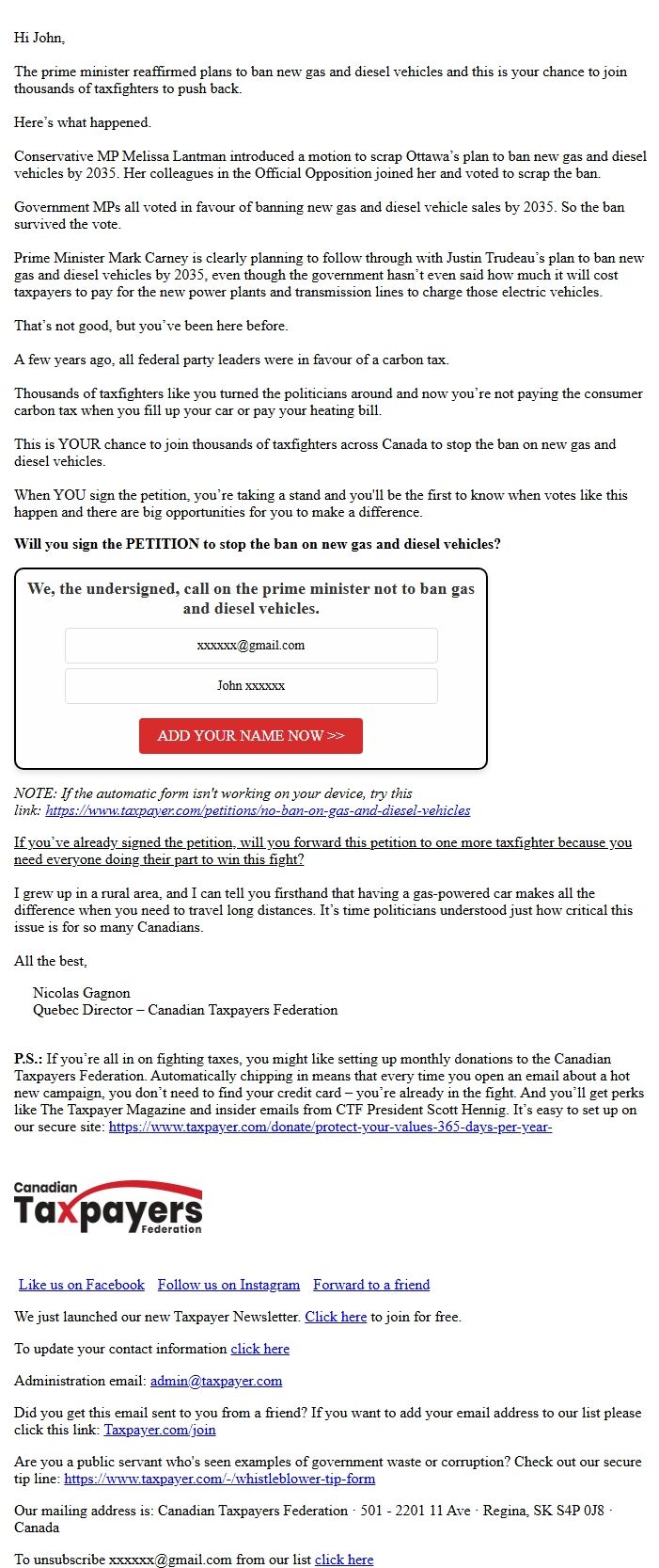 Screenshot of the email generated on import