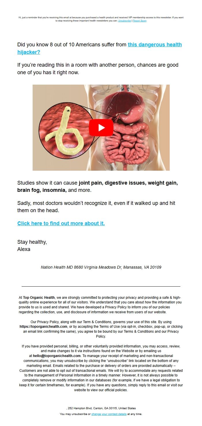 Screenshot of the email generated on import