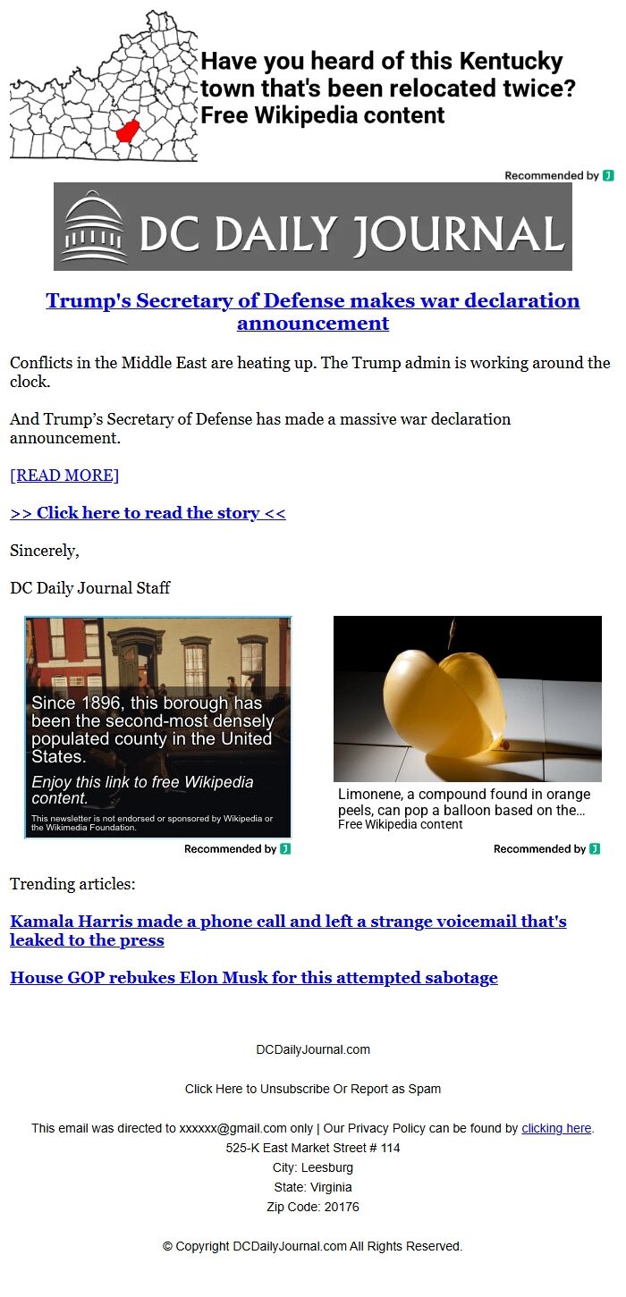 Screenshot of the email generated on import