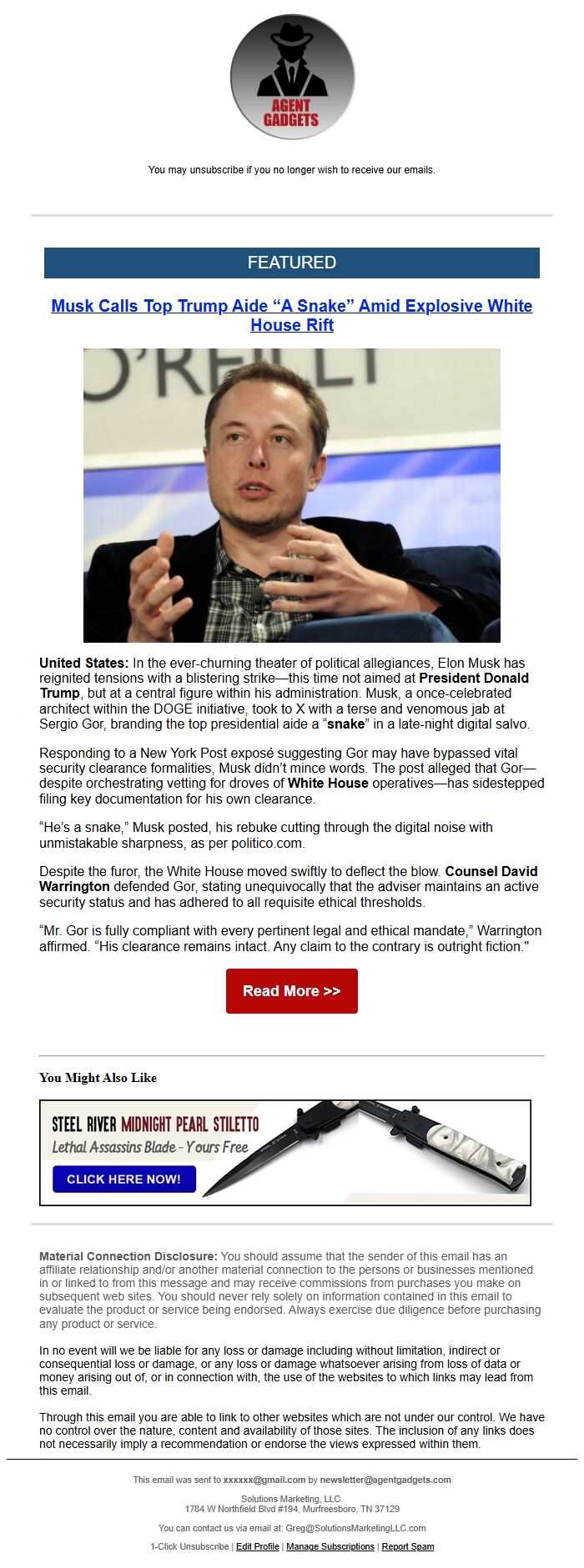 Screenshot of the email generated on import
