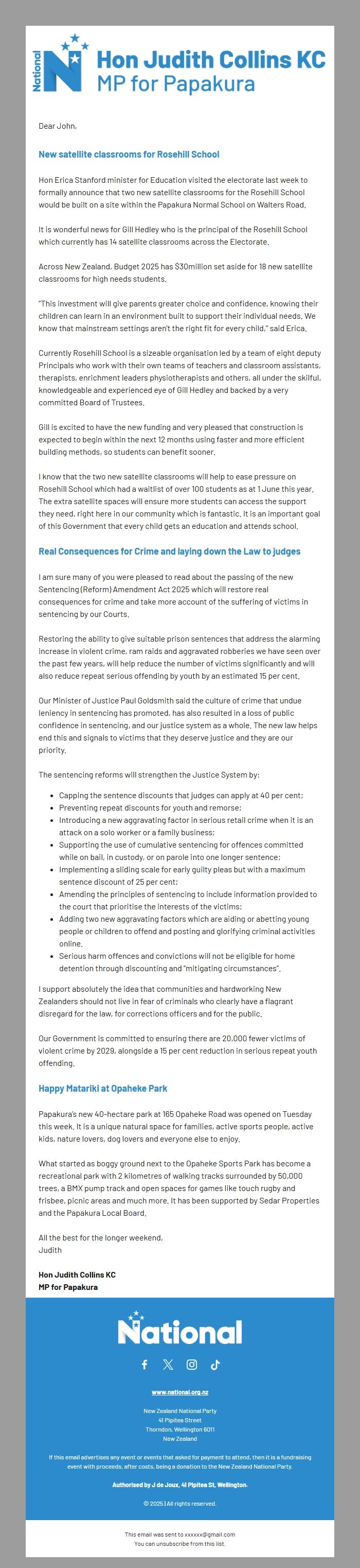 Screenshot of the email generated on import