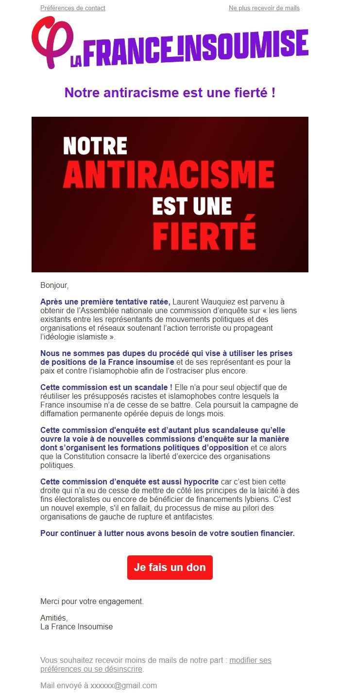 Screenshot of the email generated on import