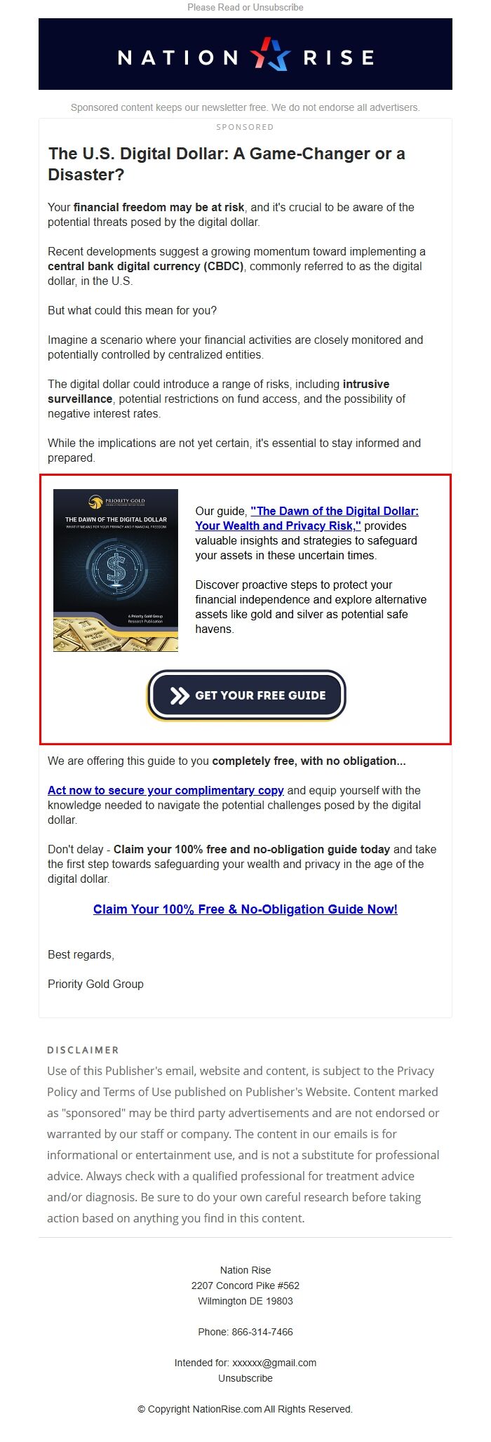 Screenshot of the email generated on import