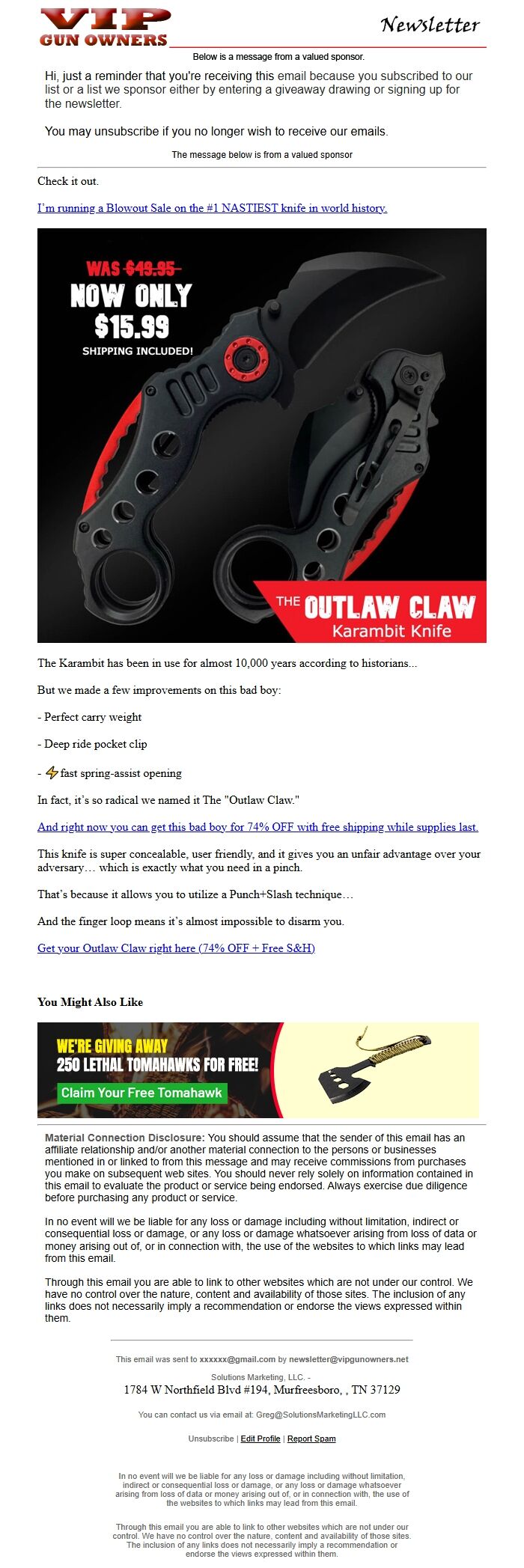 Screenshot of the email generated on import