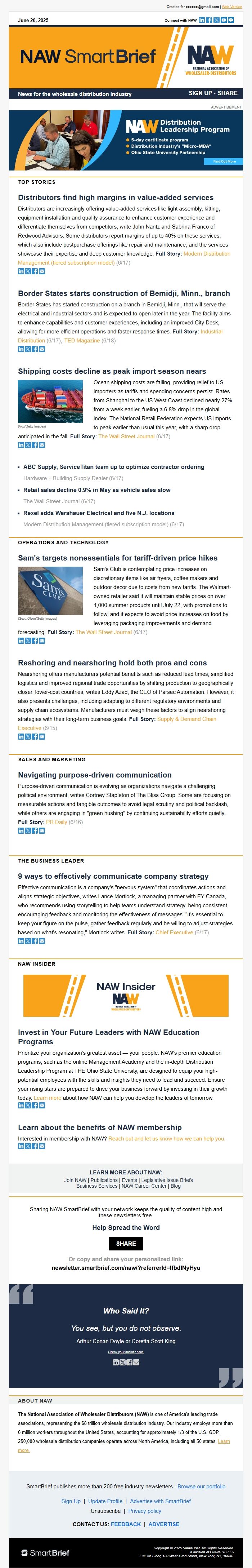 Screenshot of the email generated on import