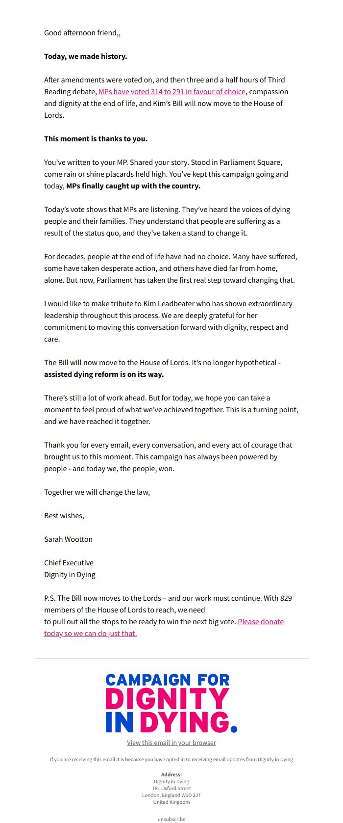 Screenshot of the email generated on import