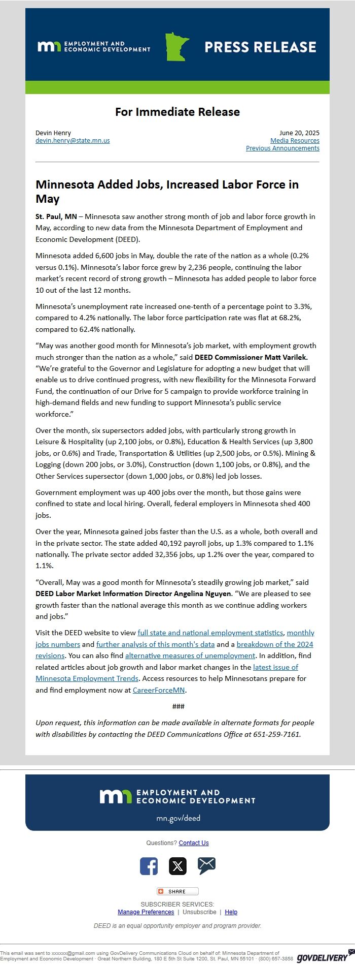 Screenshot of the email generated on import