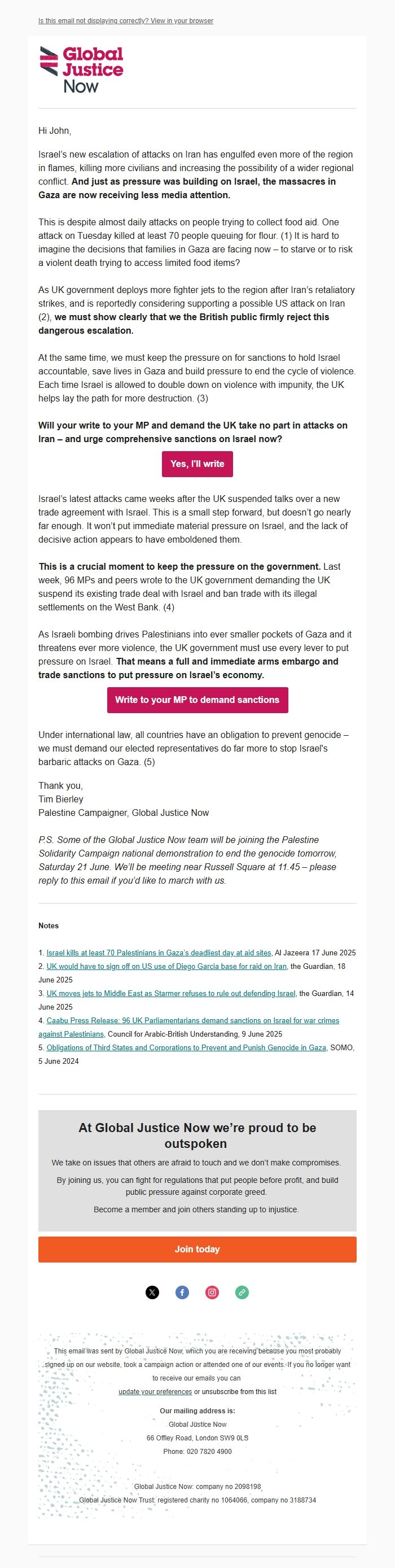 Screenshot of the email generated on import