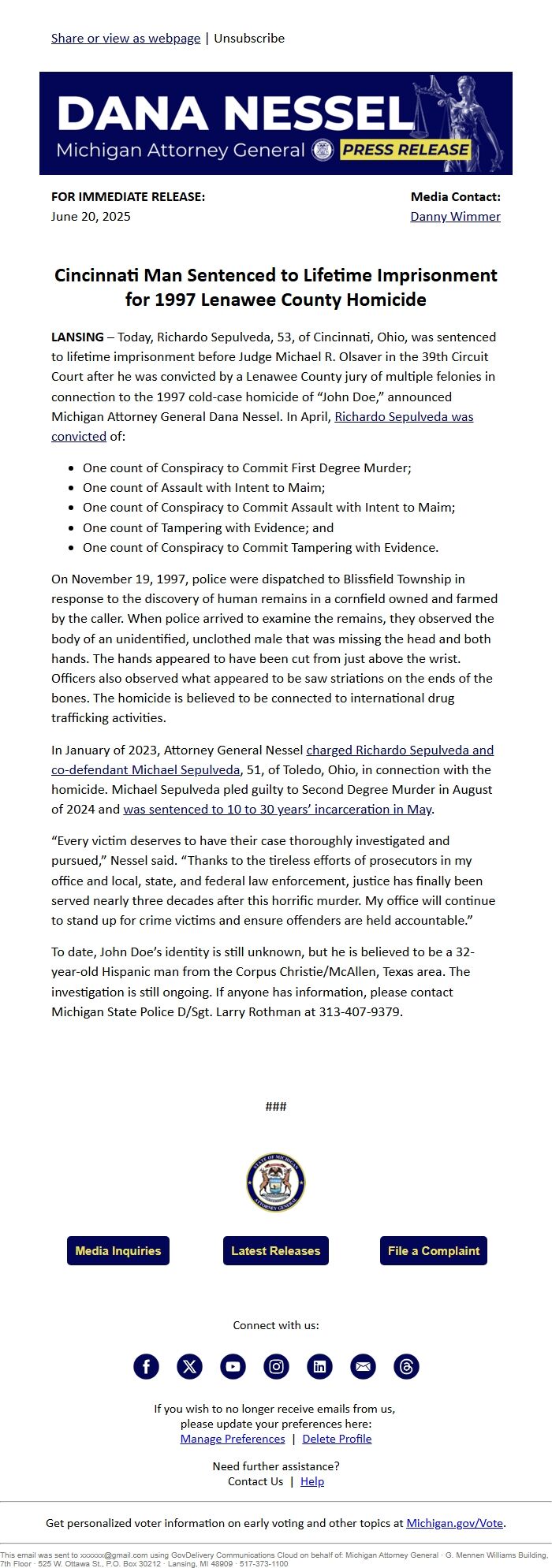 Screenshot of the email generated on import