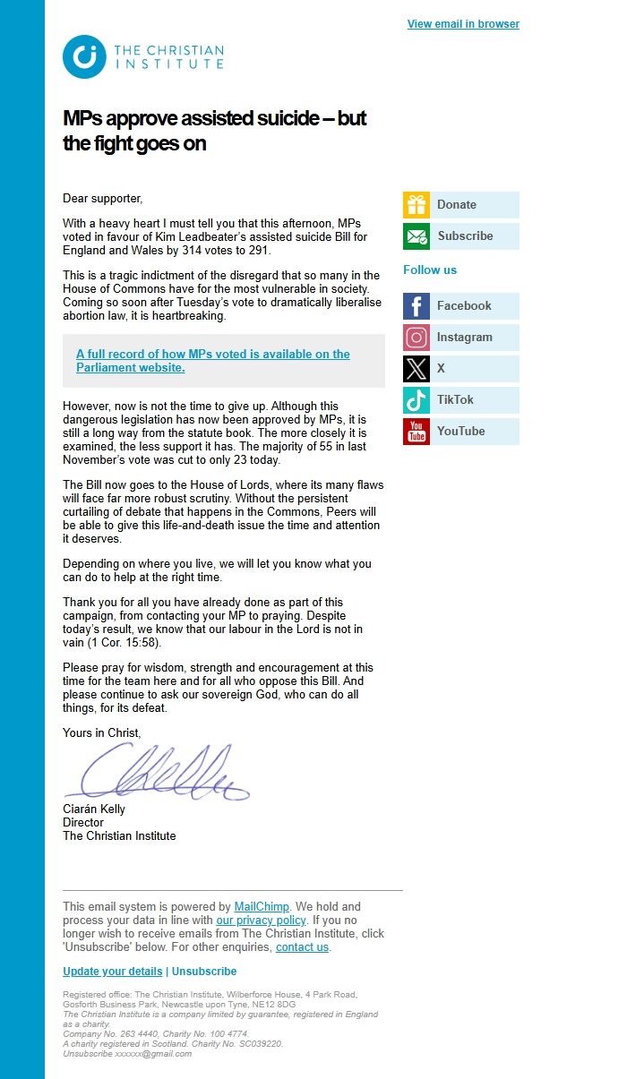 Screenshot of the email generated on import