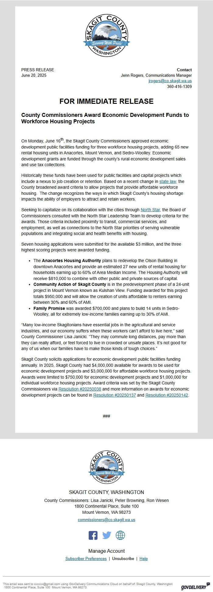 Screenshot of the email generated on import