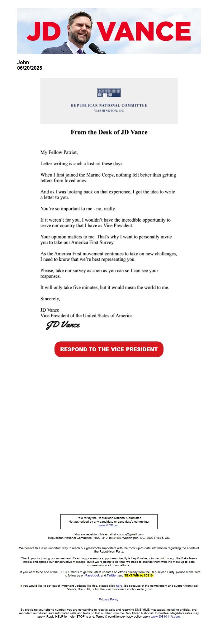 Screenshot of the email generated on import
