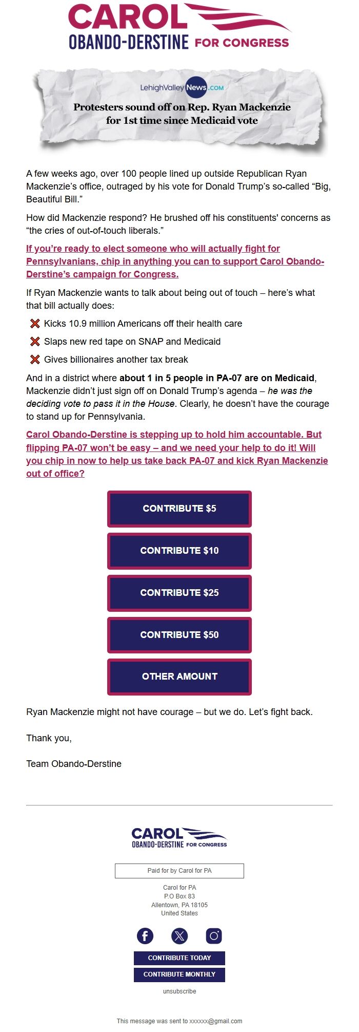 Screenshot of the email generated on import