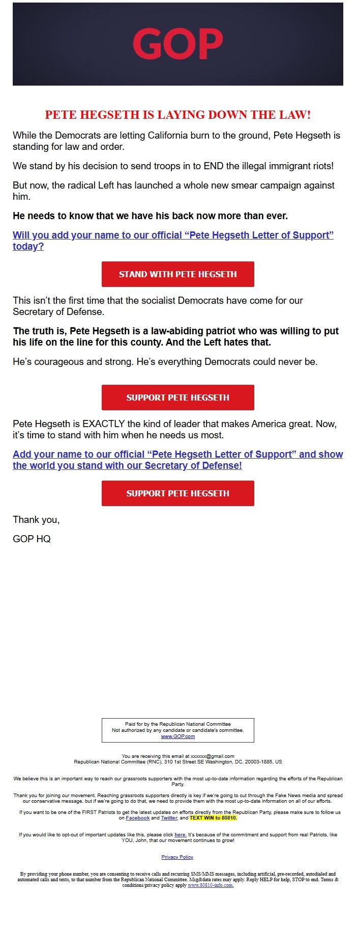 Screenshot of the email generated on import