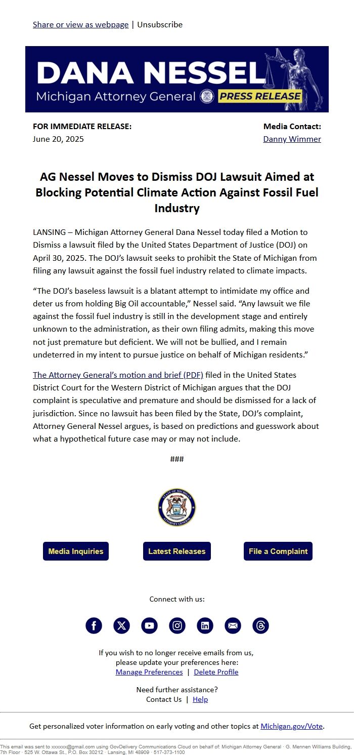 Screenshot of the email generated on import