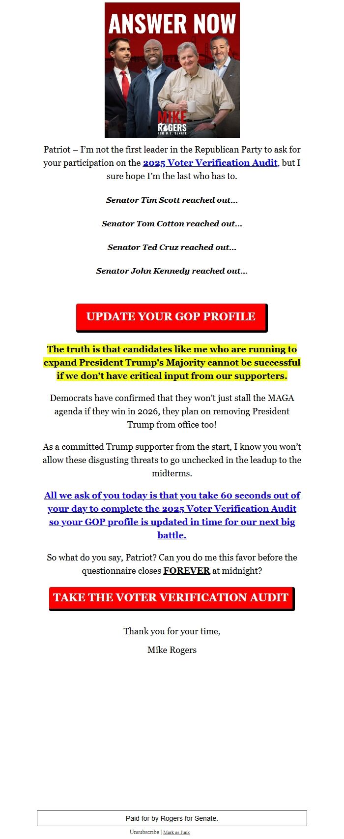 Screenshot of the email generated on import