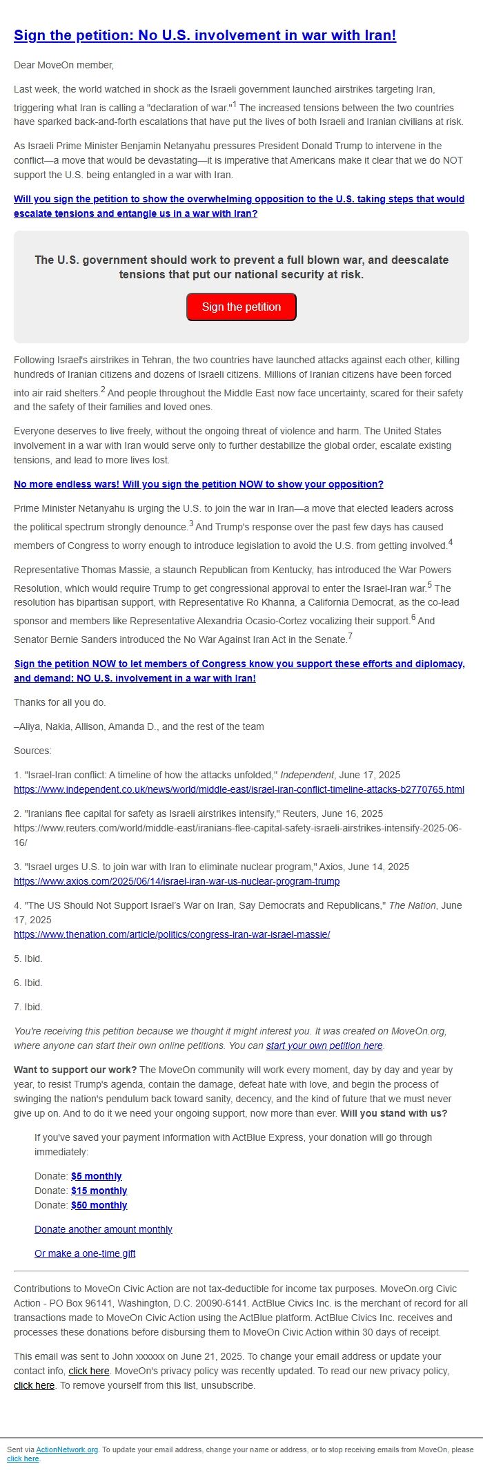 Screenshot of the email generated on import