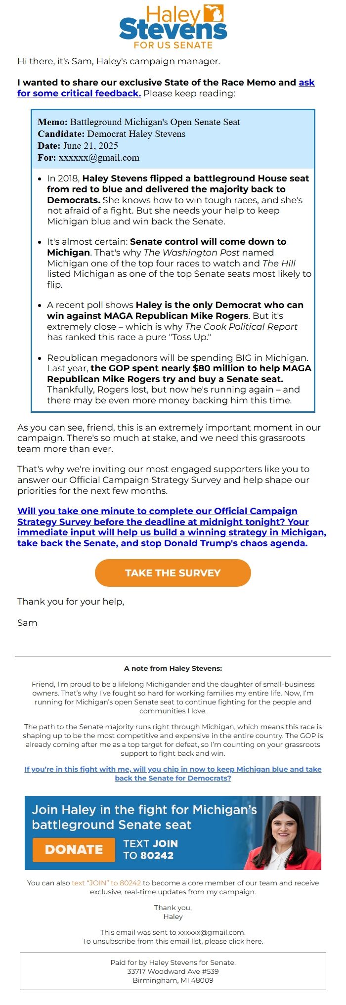 Screenshot of the email generated on import