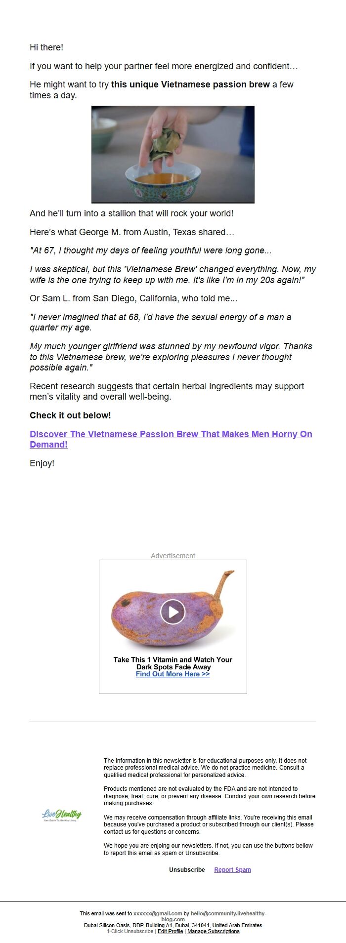 Screenshot of the email generated on import
