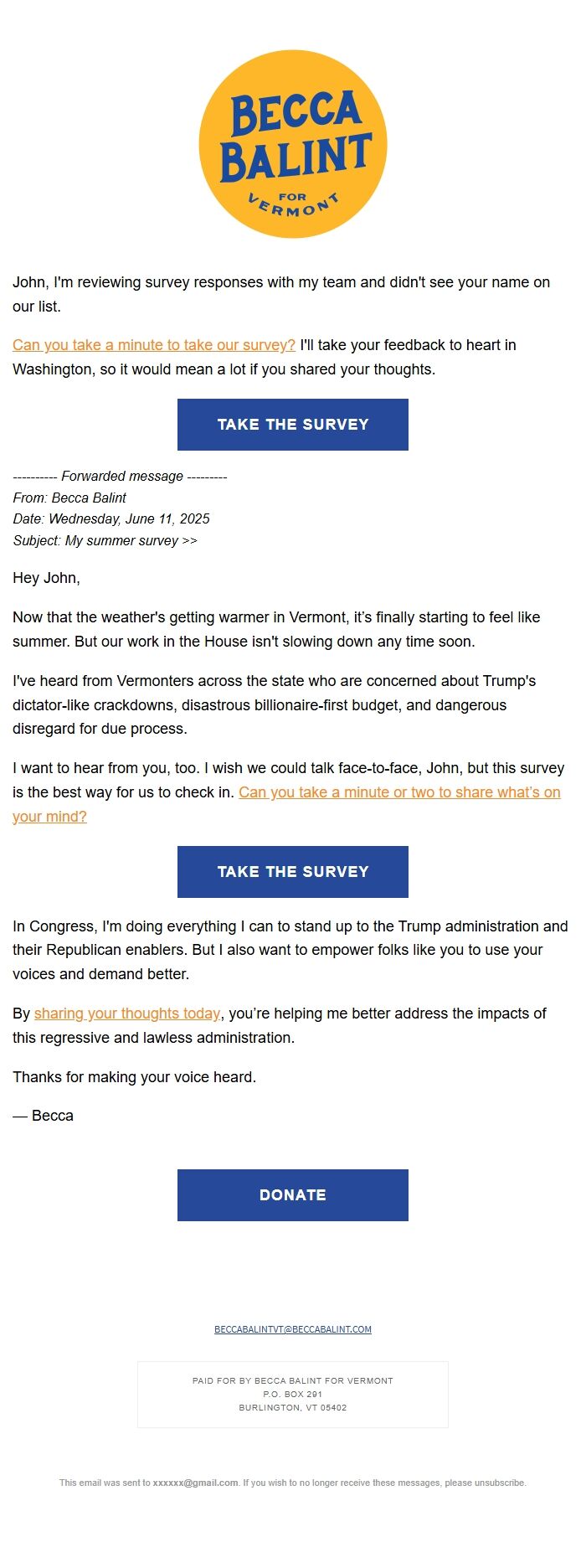 Screenshot of the email generated on import
