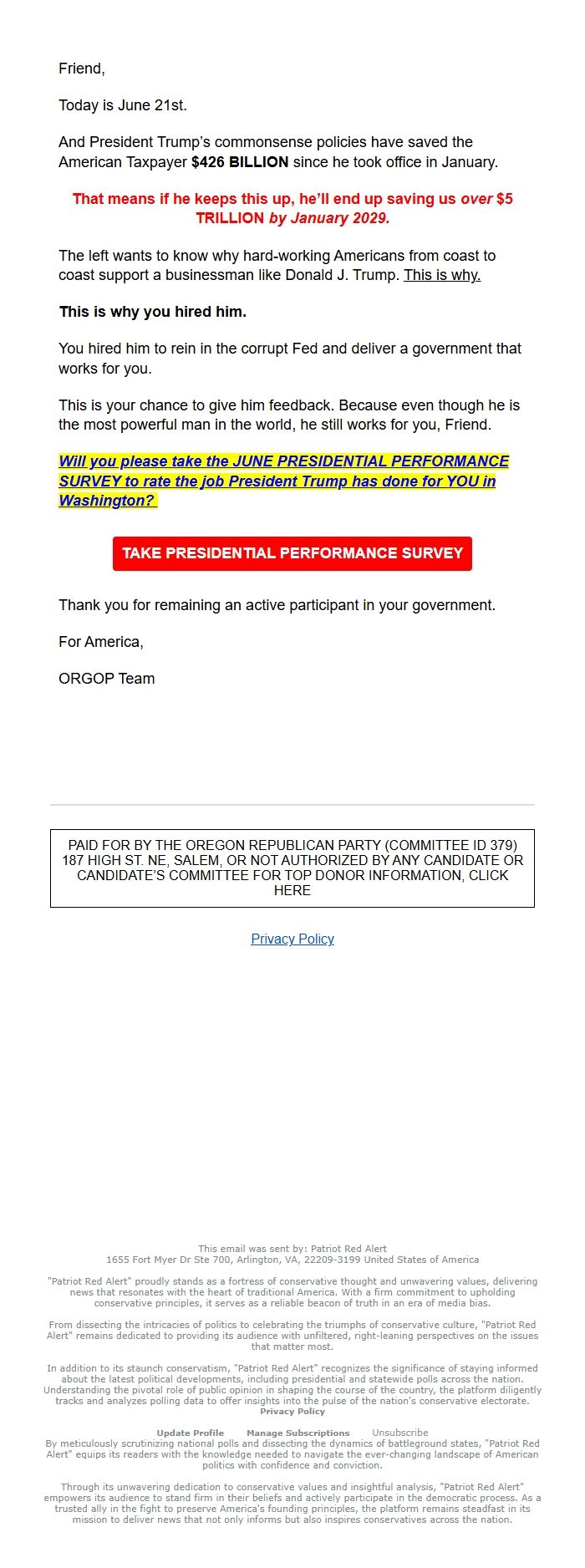 Screenshot of the email generated on import