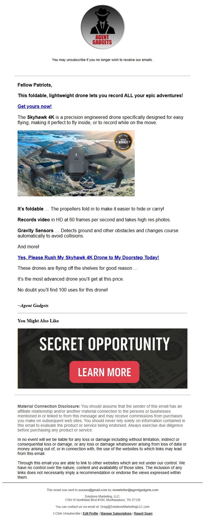 Screenshot of the email generated on import