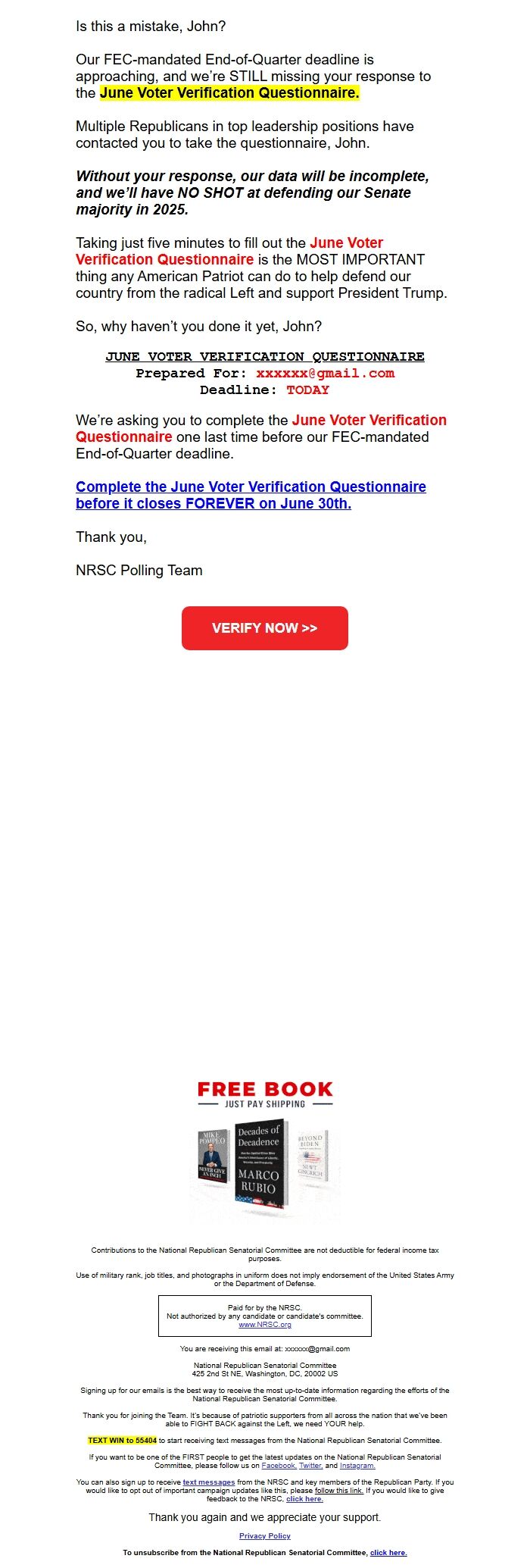 Screenshot of the email generated on import