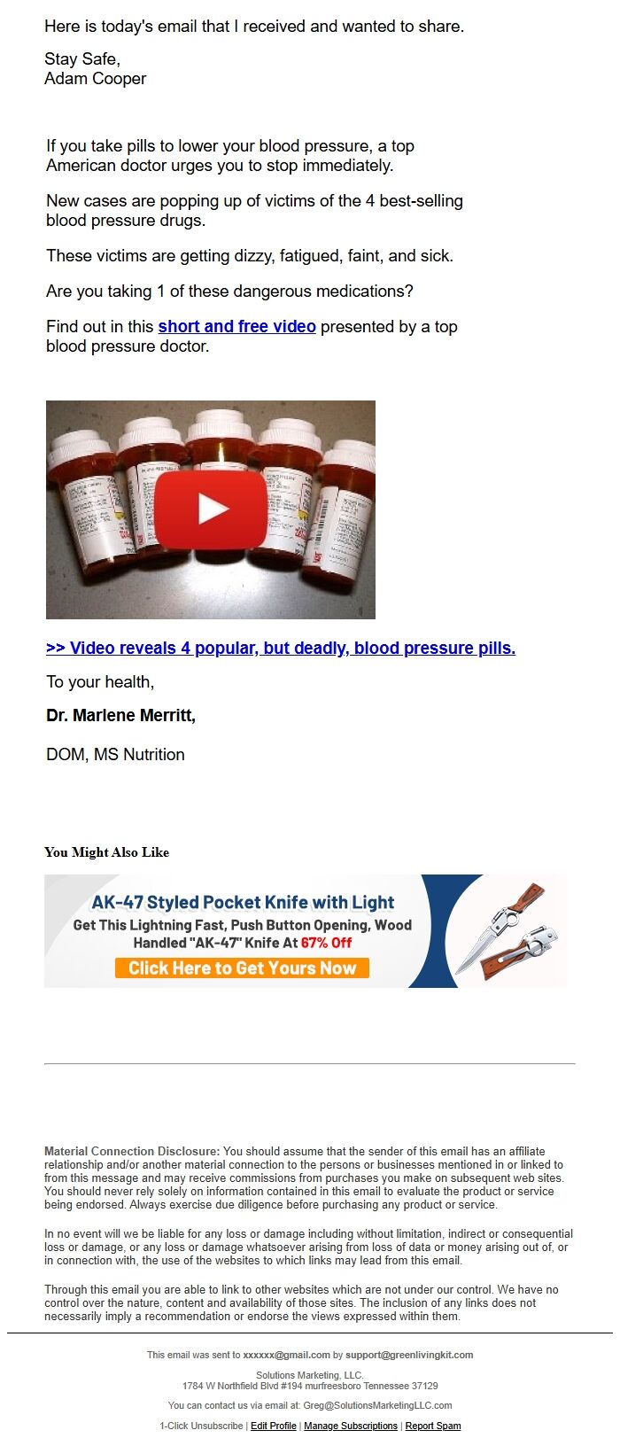 Screenshot of the email generated on import