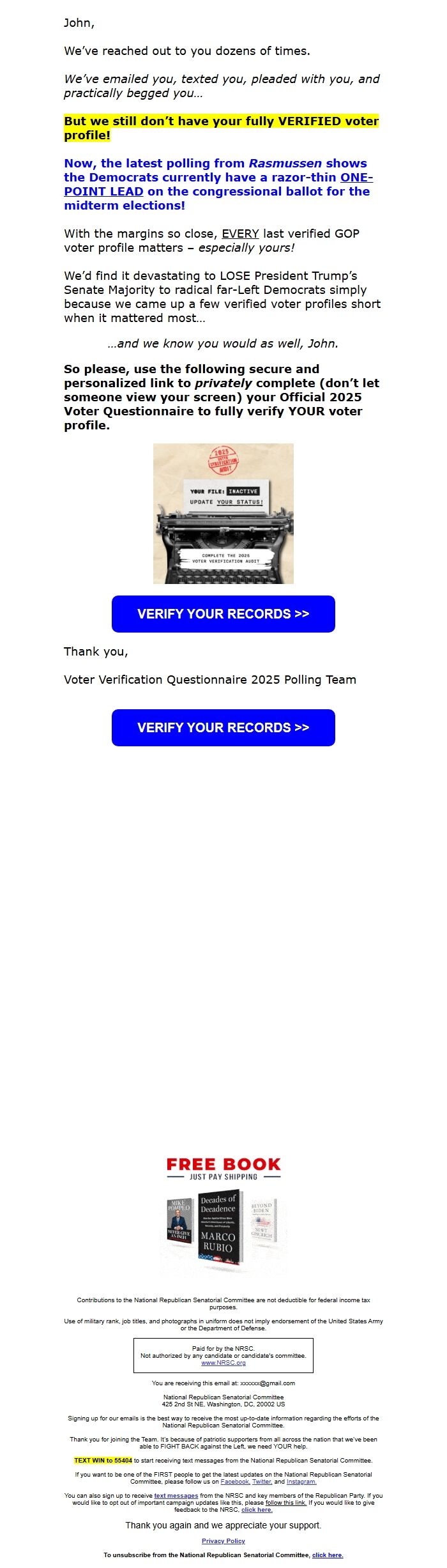Screenshot of the email generated on import