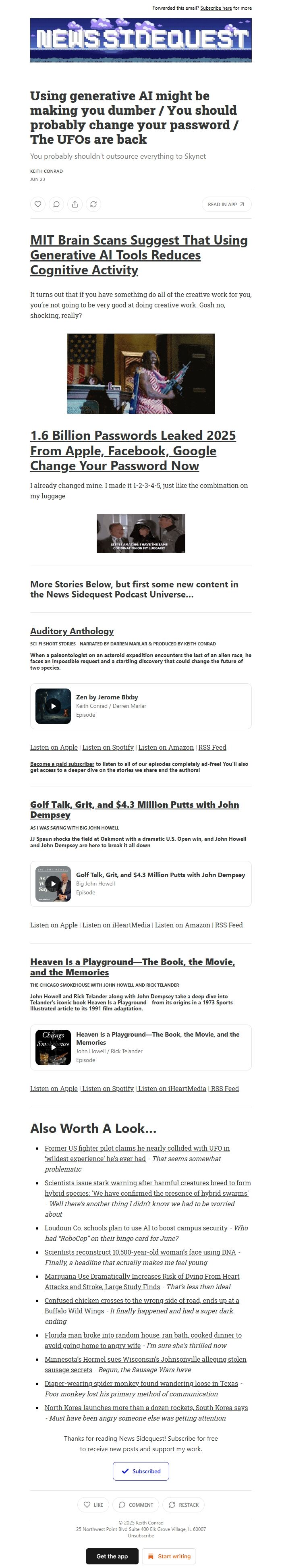 Screenshot of the email generated on import
