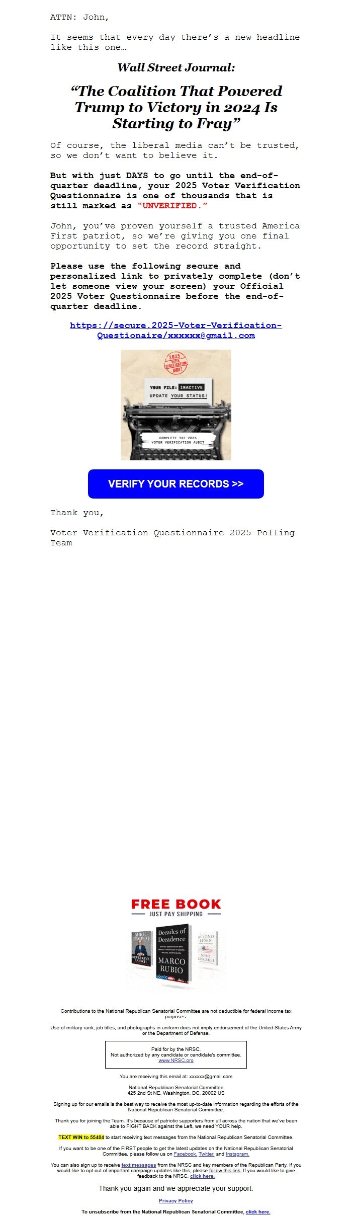 Screenshot of the email generated on import