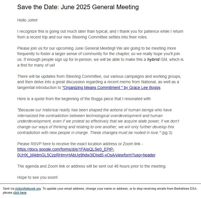 Screenshot of the email generated on import