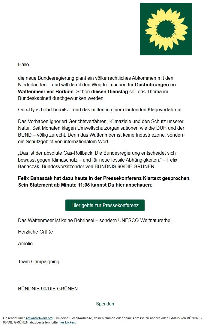 Screenshot of the email generated on import