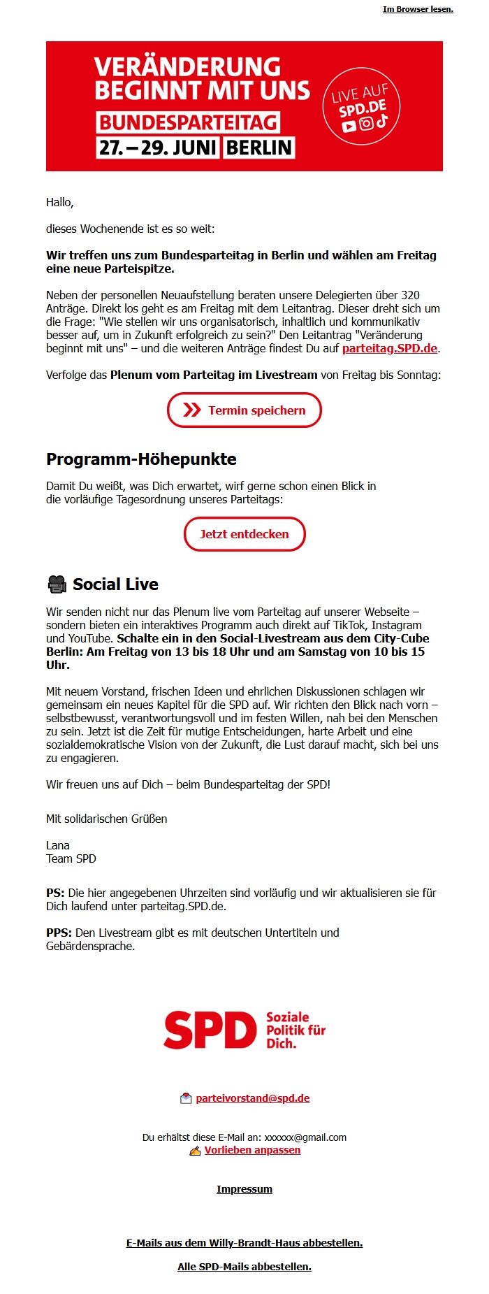 Screenshot of the email generated on import