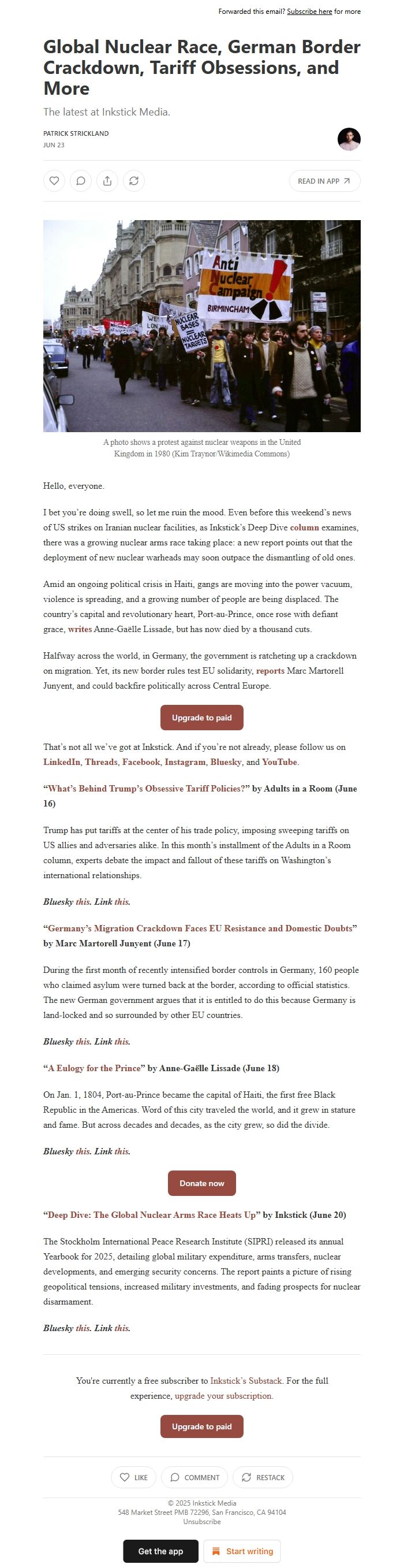 Screenshot of the email generated on import