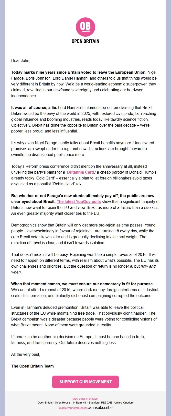 Screenshot of the email generated on import