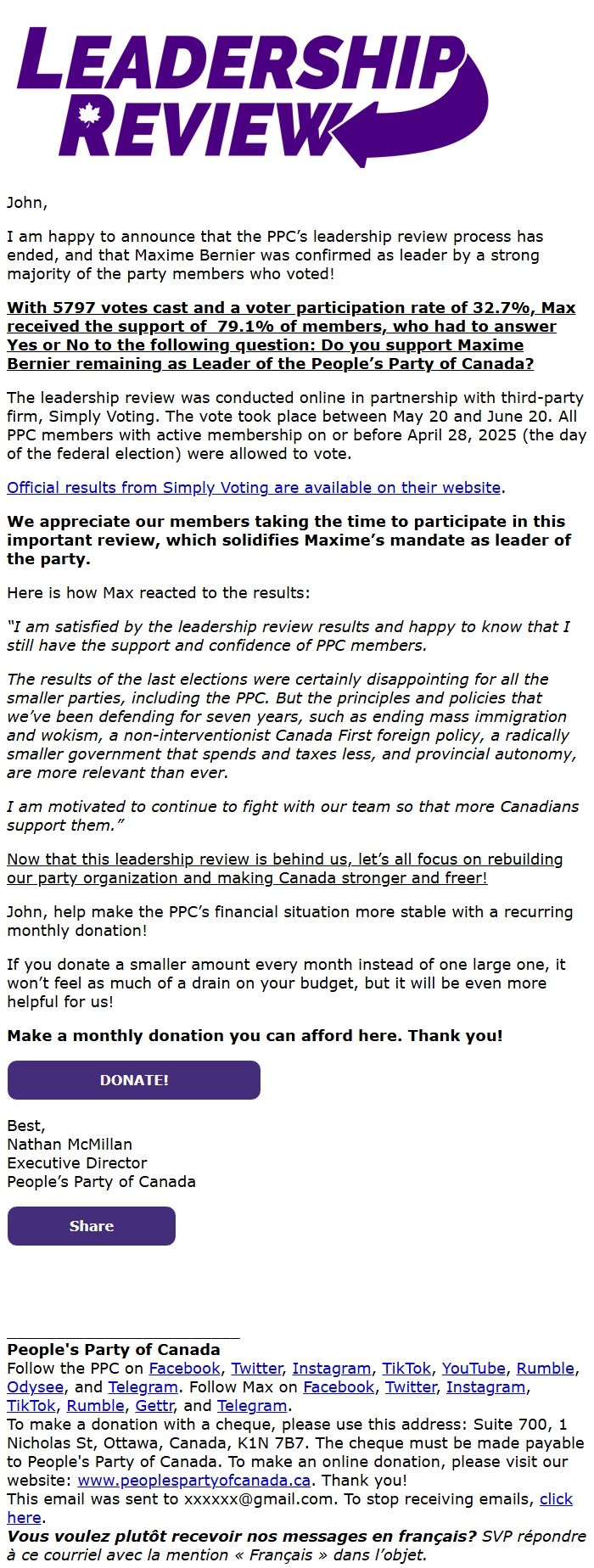 Screenshot of the email generated on import