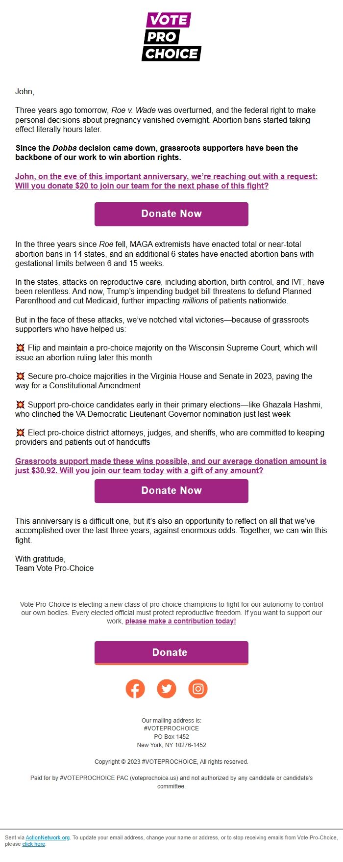 Screenshot of the email generated on import