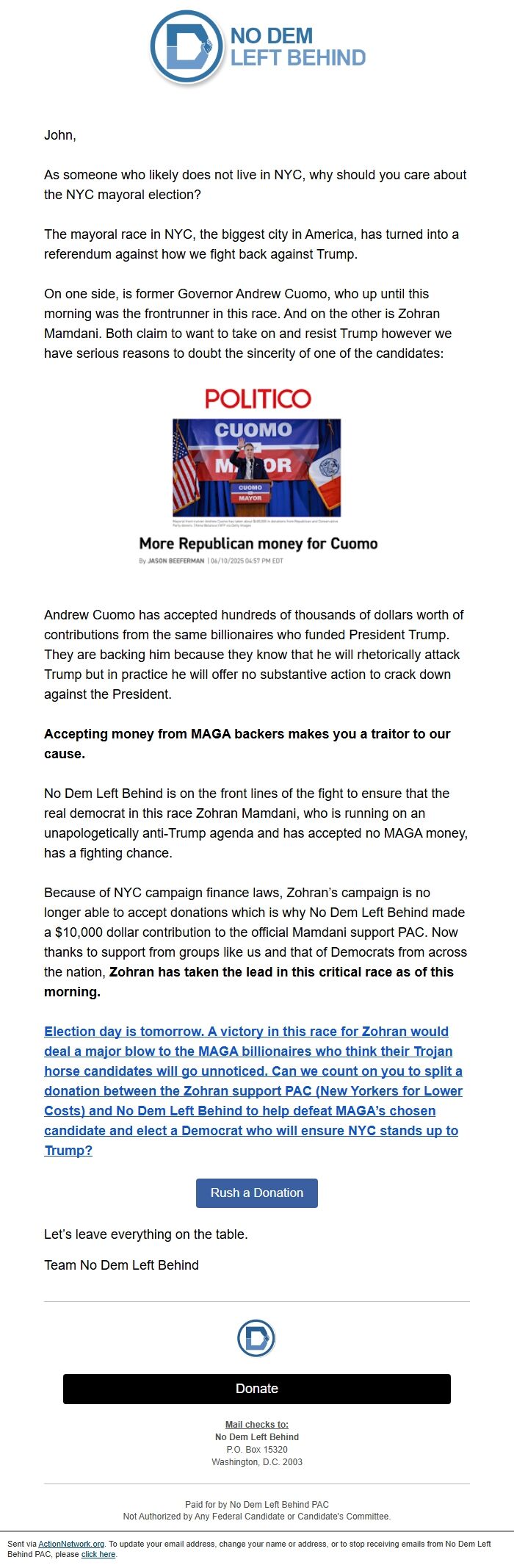 Screenshot of the email generated on import