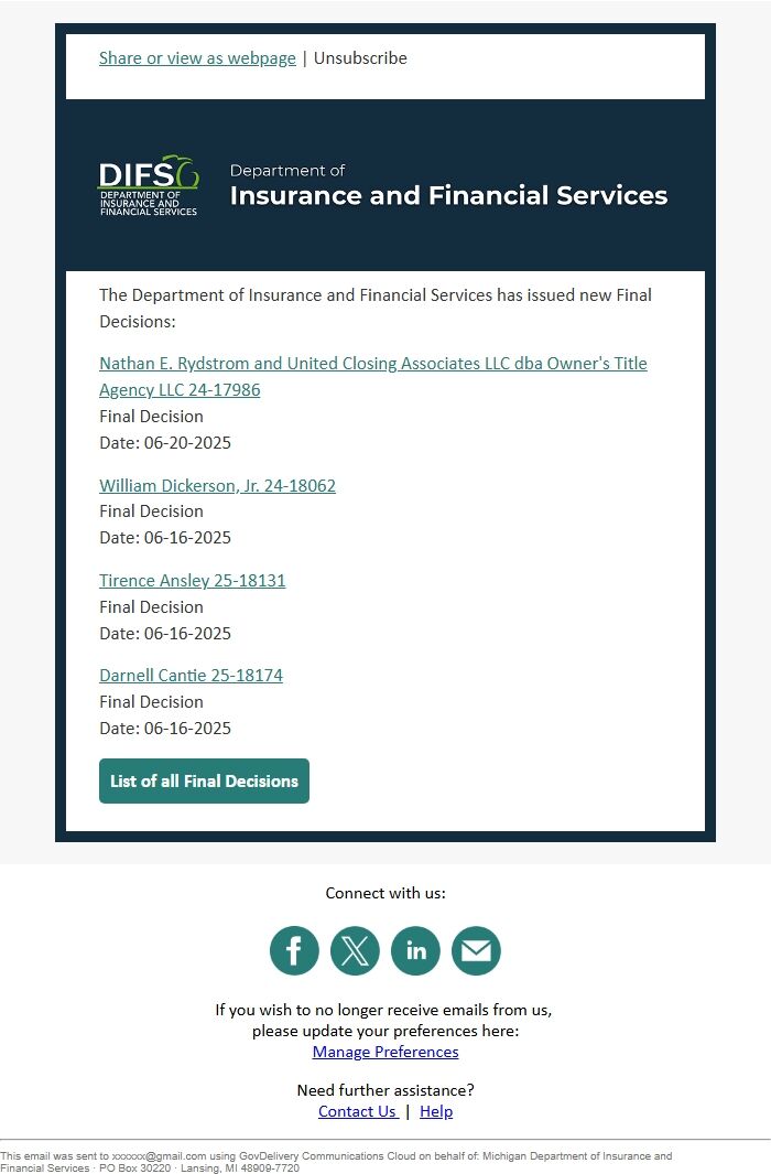 Screenshot of the email generated on import