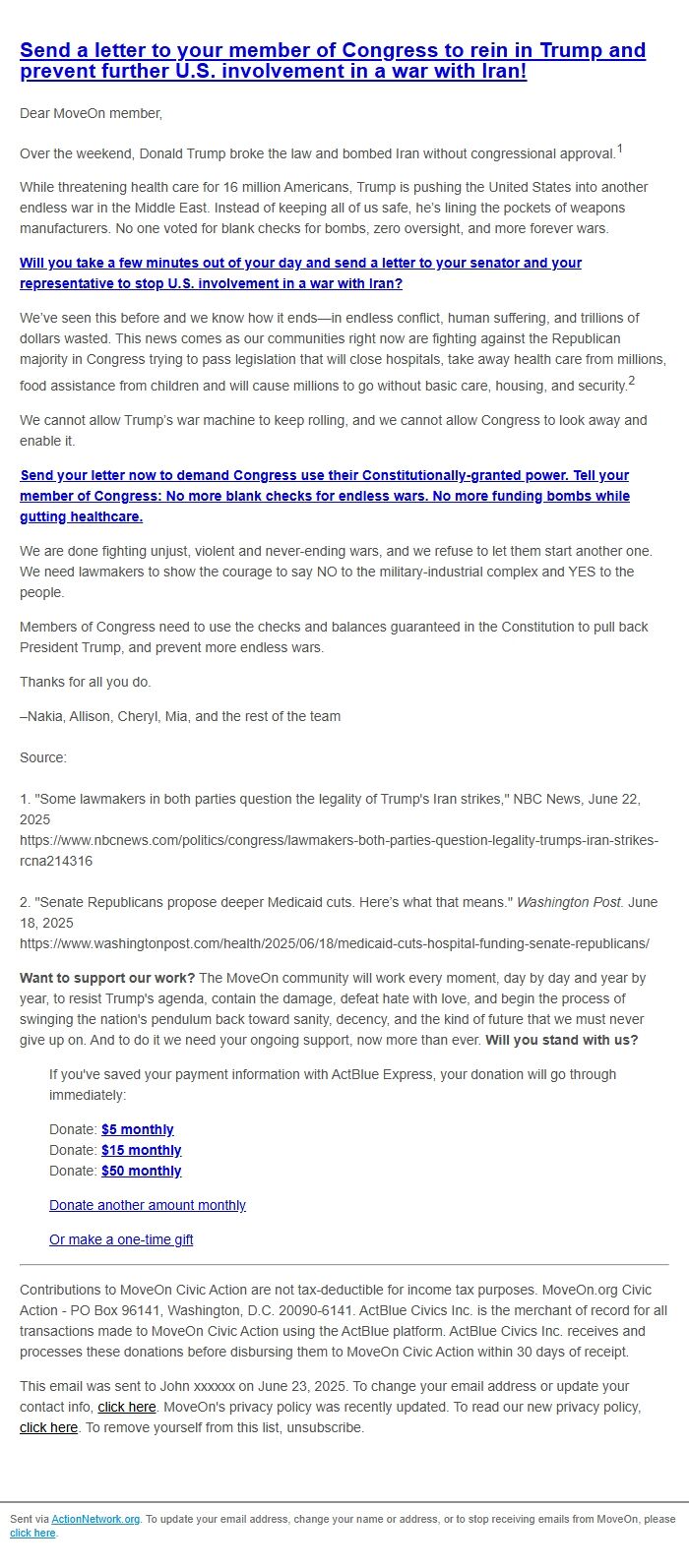 Screenshot of the email generated on import