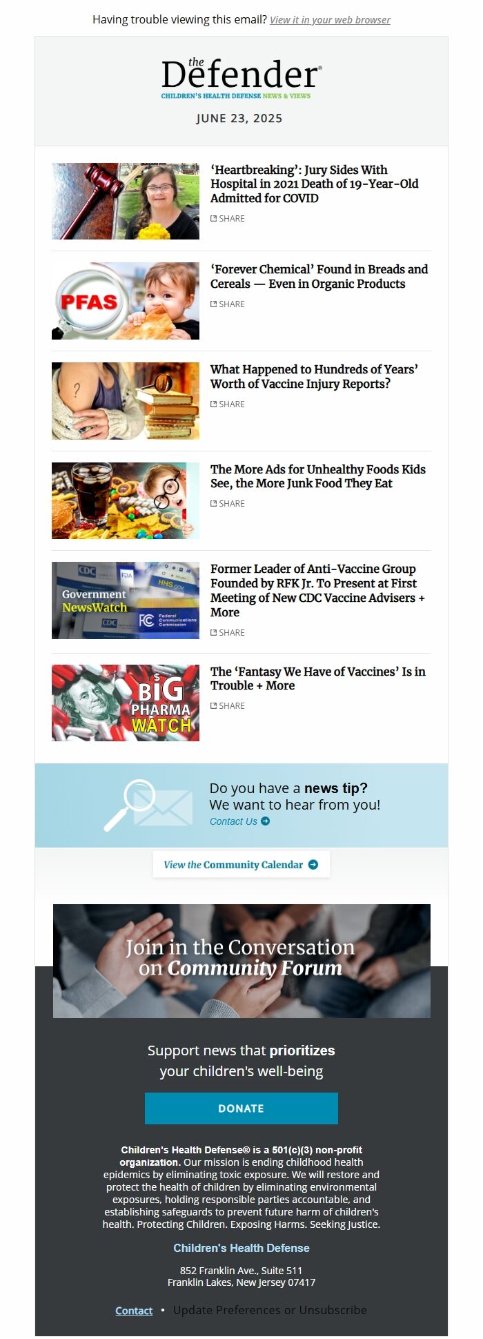 Screenshot of the email generated on import
