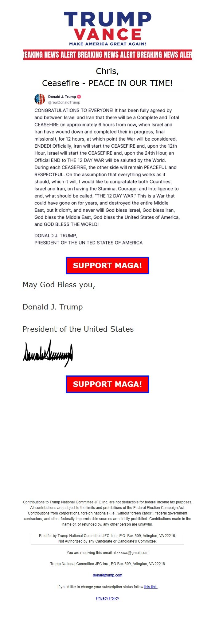 Screenshot of the email generated on import